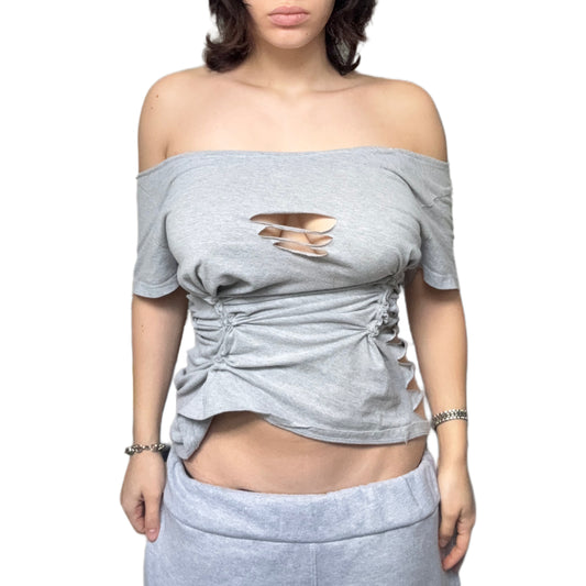 Draped grey shirt with open back